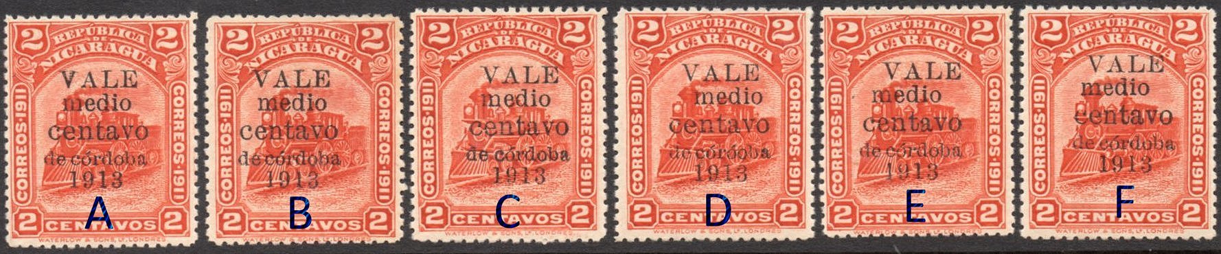 Nicaragua stamps 1913 surcharges Locomotive medio centavo Setting Types A-F